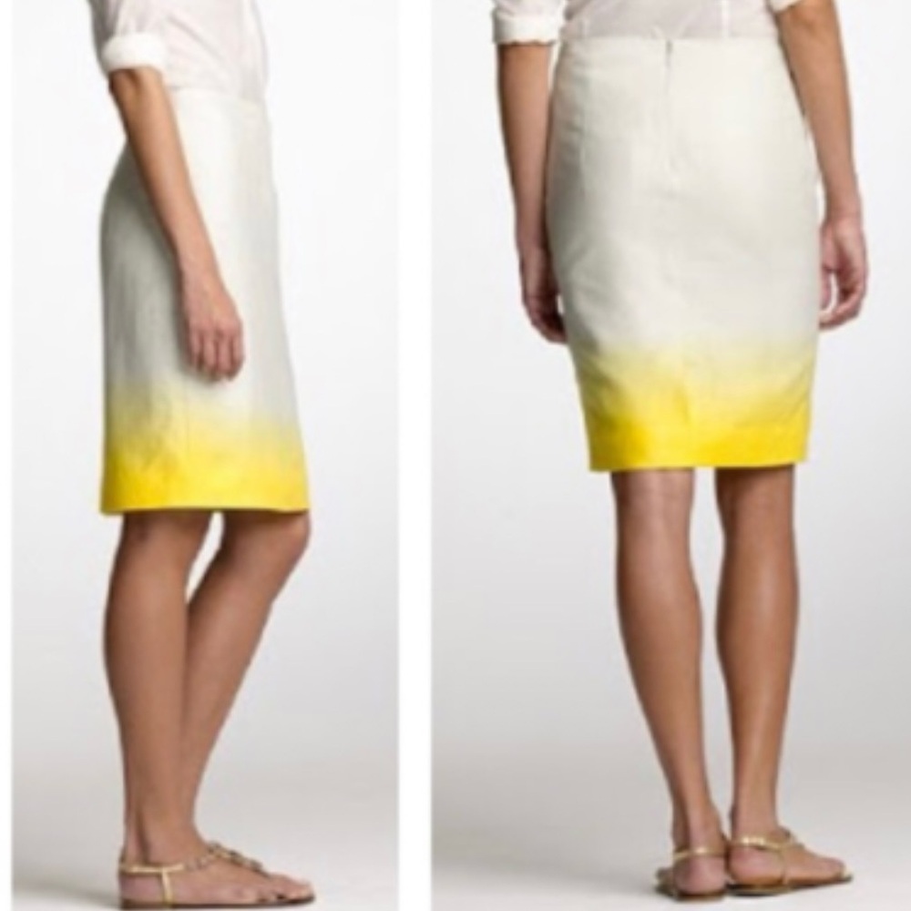 J. Crew 100% Linen White and Yellow Ombré Pencil Skirt Knee-Length, Size 4